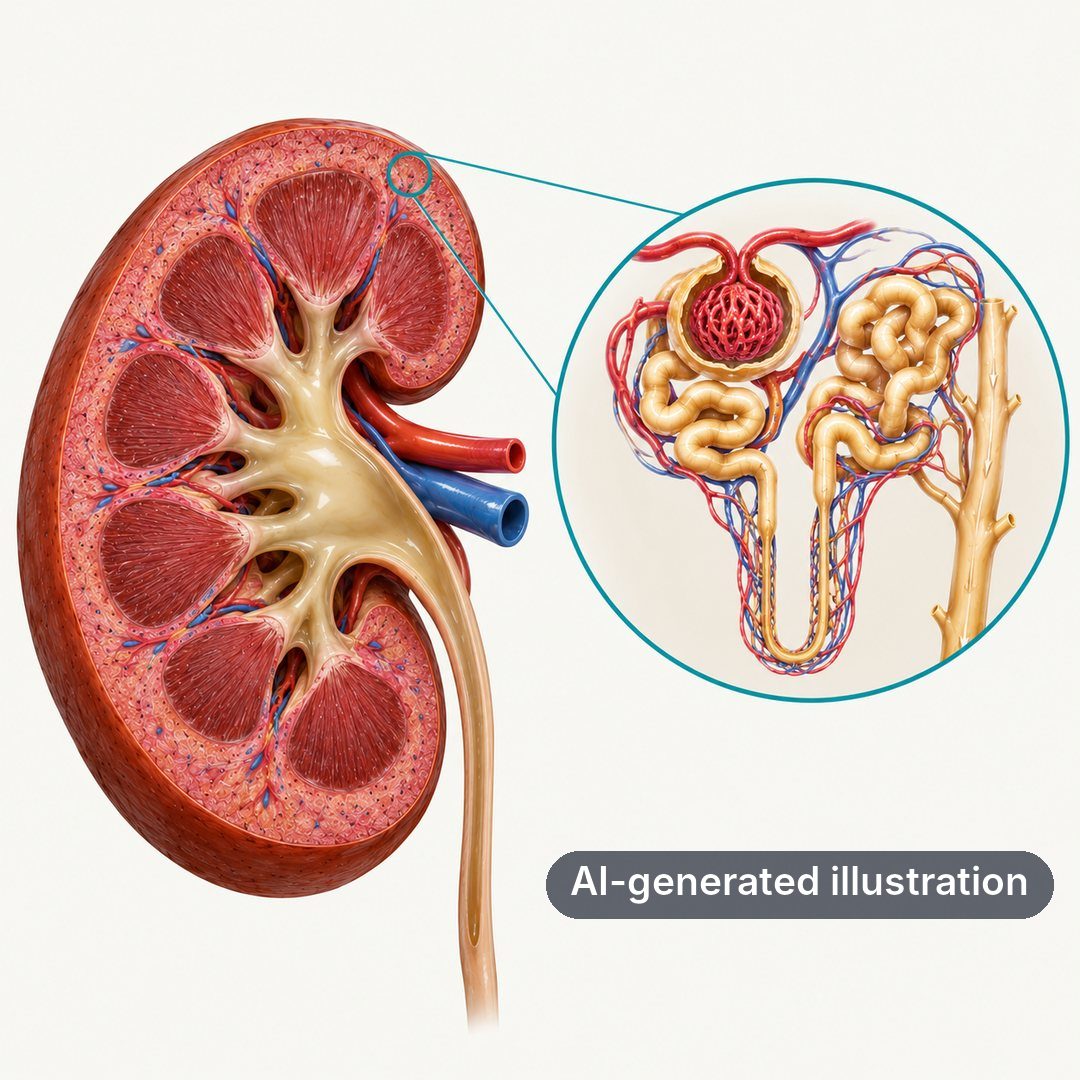 Illustration of kidney and nephron anatomy